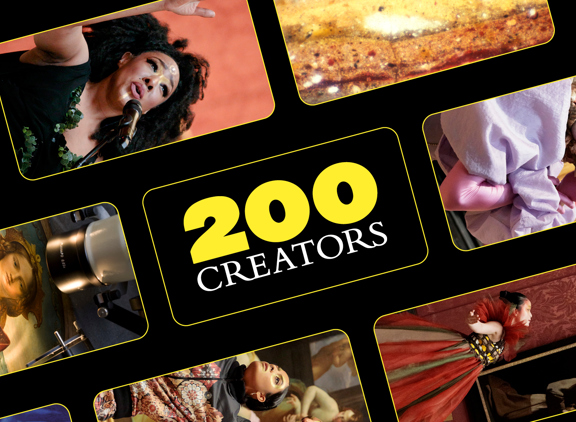 The logo for '200 Creators' alongside images of artworks and performances within the National Gallery, London.