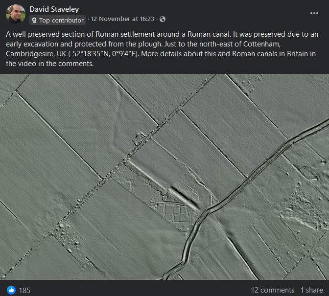 A screenshot of a Facebook post showing a section of Roman canal in a British field, from the LiDAR Aerial Photography Facebook group.